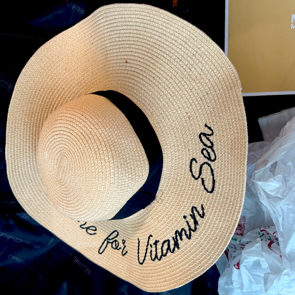 Beige Sun Hat with Black Band and Embroidery